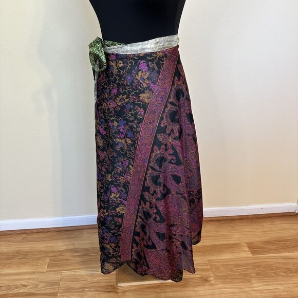 Vtg Reversible Womens Wrap Skirt Bohemian Paisley Floral Design Green Purple - Picture 7 of 7